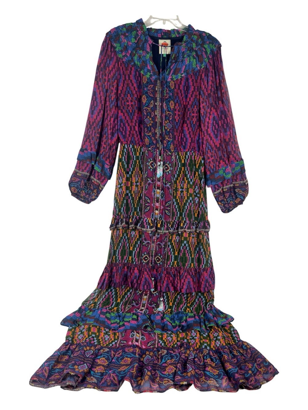 Farm Rio Sz Small Mixed Tapestry Maxi Dress Long Sleeve Blue Green Purple - Picture 2 of 13